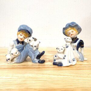 Blue & White Boy & Girl with Puppies Porcelain Davar Figurine Set of 2